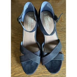 TOMS Wedge Heel Cork/Fabric Buckle‎ Strap Womens Blue Sandals Shoes Size W 10